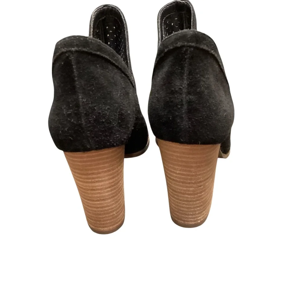 Lucky Brand Livey Black Suede Perforated Open Toe Block Heel Booties 8M Boho EUC